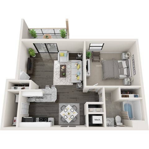Floor plan for 1 bed, 1 bath, 683 sqft