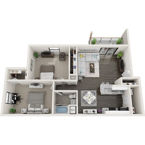 Floor plan for 2 beds, 1 bath, 877 sqft