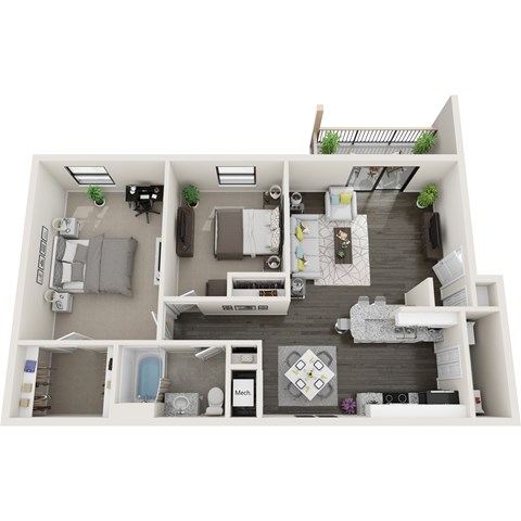 Floor plan for 2 beds, 1 bath, 942 sqft