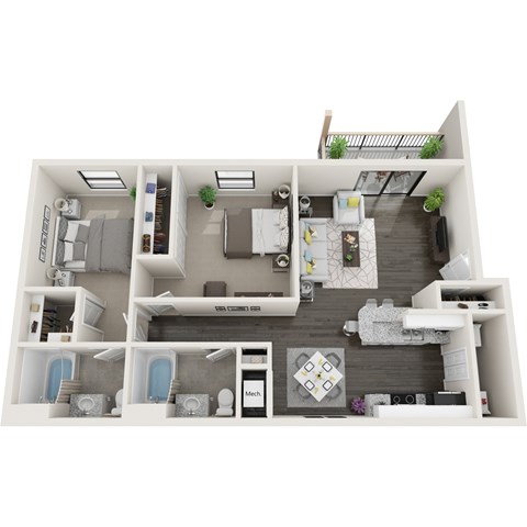 Floor plan for 2 beds, 1 bath, 969 sqft