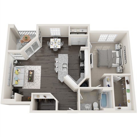 Floor plan for 1 bed, 1 bath, 842 sqft