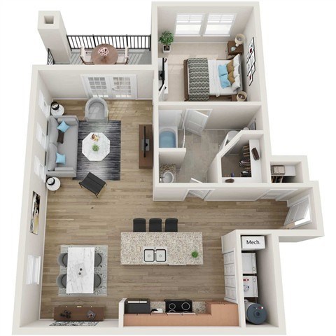 Floor plan for 1 bed, 1 bath, 937 sqft