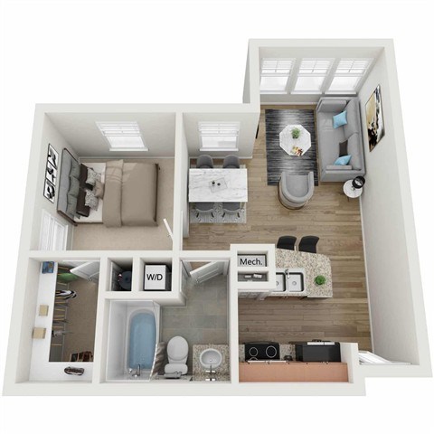 Floor plan for 1 bed, 1 bath, 648 sqft