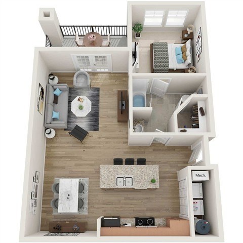 Floor plan for 1 bed, 1 bath, 876 sqft