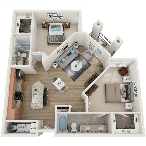 Floor plan for 2 beds, 2 baths, 1213 sqft