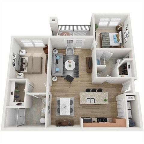 Floor plan for 2 beds, 2 baths, 1181 sqft