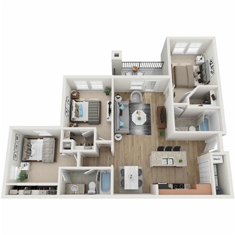 Floor plan for 3 beds, 2 baths, 1388 sqft