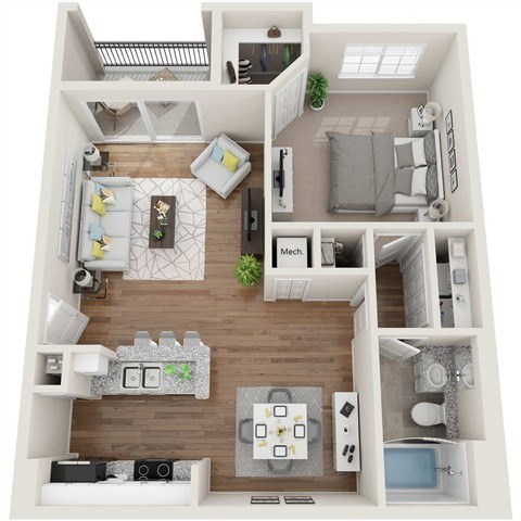 Floor plan for 1 bed, 1 bath, 865 sqft