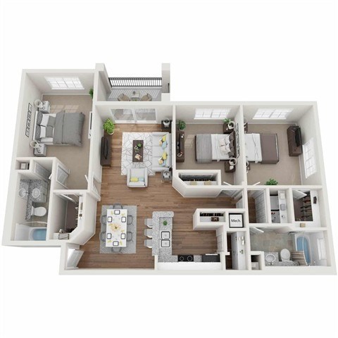 Floor plan for 3 beds, 2 baths, 1315 sqft