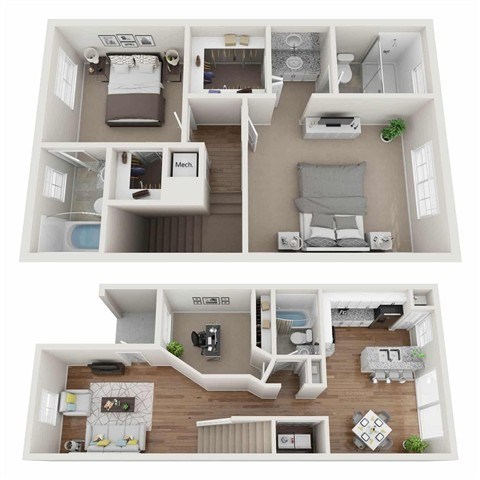 Floor plan for 2 beds, 3 baths, 1379 sqft