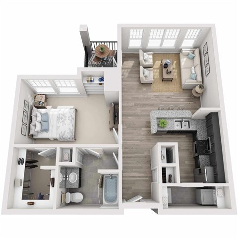 Floor plan for 1 bed, 1 bath, 807 sqft