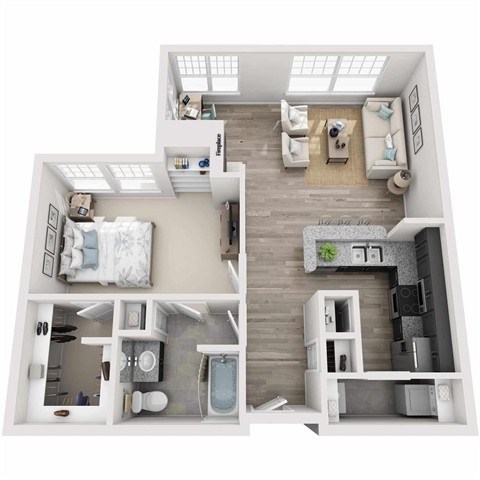 Floor plan for 1 bed, 1 bath, 807 sqft