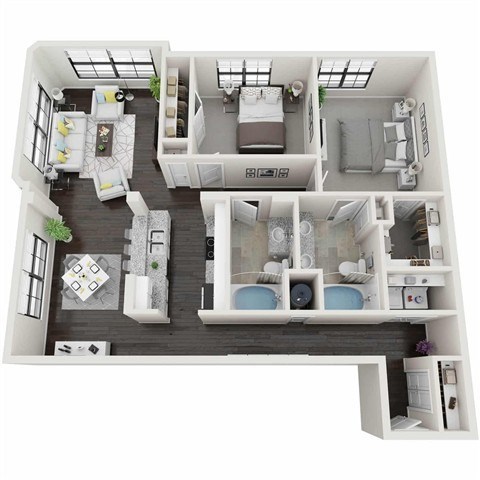 Floor plan for 2 beds, 2 baths, 1305 sqft
