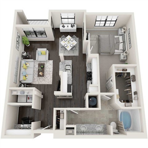 Floor plan for 1 bed, 1 bath, 931 sqft