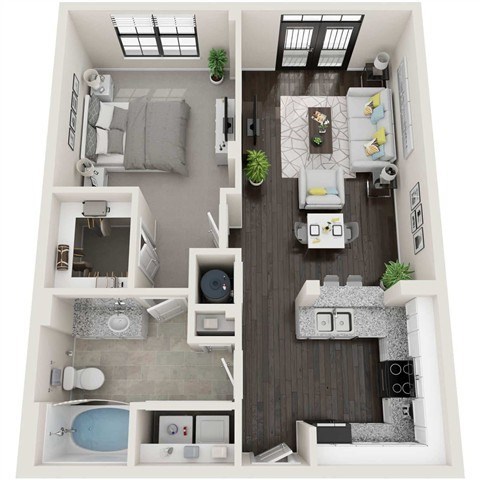 Floor plan for 1 bed, 1 bath, 762 sqft