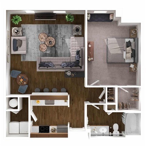 Floor plan for 1 bed, 1 bath, 870 sqft