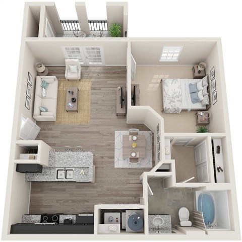 Floor plan for 1 bed, 1 bath, 696 sqft