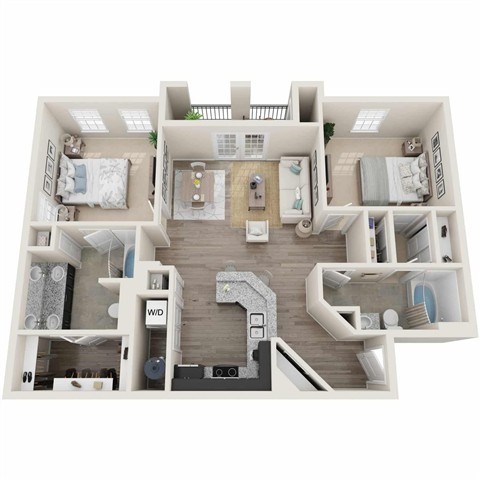 Floor plan for 2 beds, 2 baths, 1049 sqft