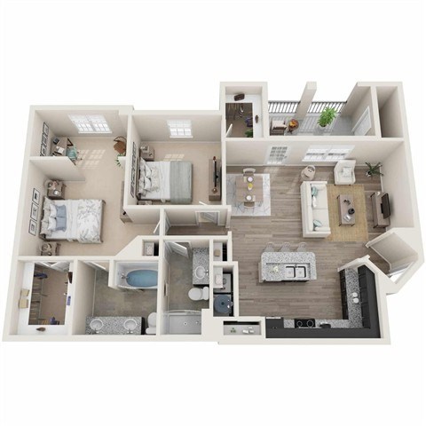 Floor plan for 2 beds, 2 baths, 1261 sqft