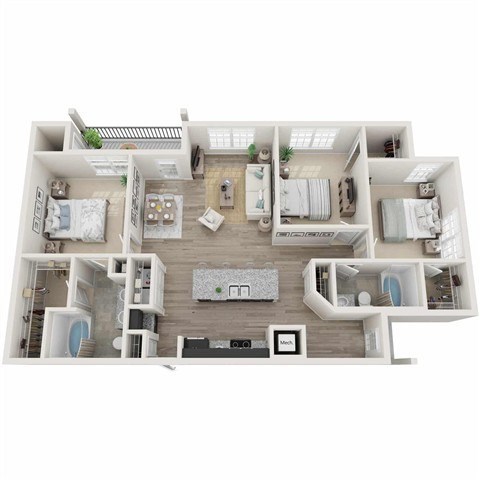 Floor plan for 3 beds, 2 baths, 1397 sqft