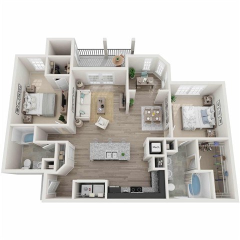 Floor plan for 2 beds, 2 baths, 1253 sqft