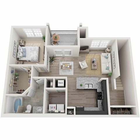 Floor plan for 1 bed, 1 bath, 937 sqft