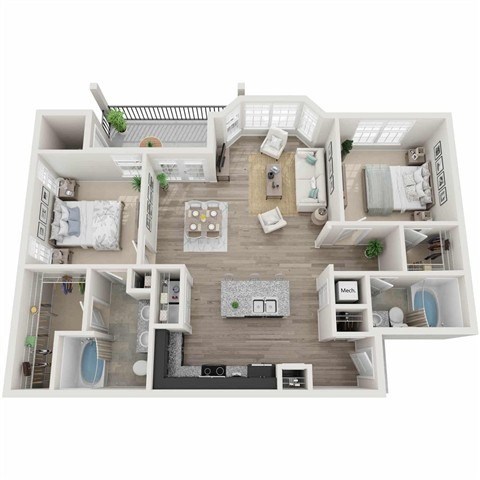 Floor plan for 2 beds, 2 baths, 1181 sqft