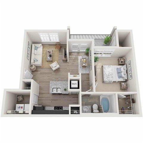 Floor plan for 1 bed, 1 bath, 712 sqft