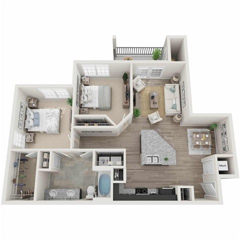 Floor plan for 2 beds, 1 bath, 1033 sqft