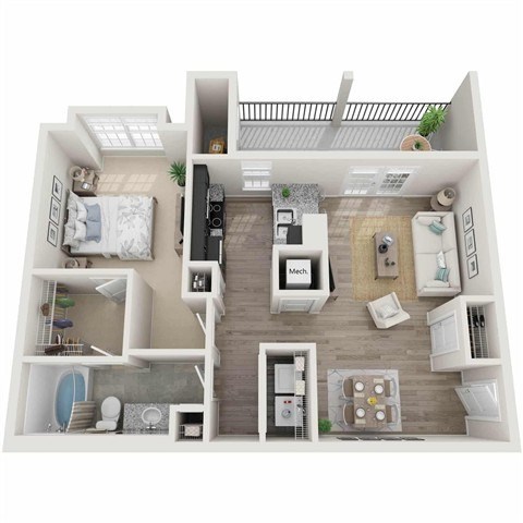 Floor plan for 1 bed, 1 bath, 788 sqft
