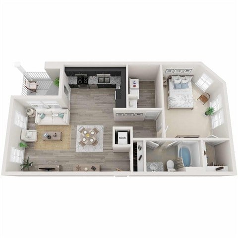 Floor plan for 1 bed, 1 bath, 849 sqft
