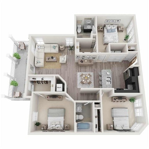 Floor plan for 3 beds, 2 baths, 1289 sqft