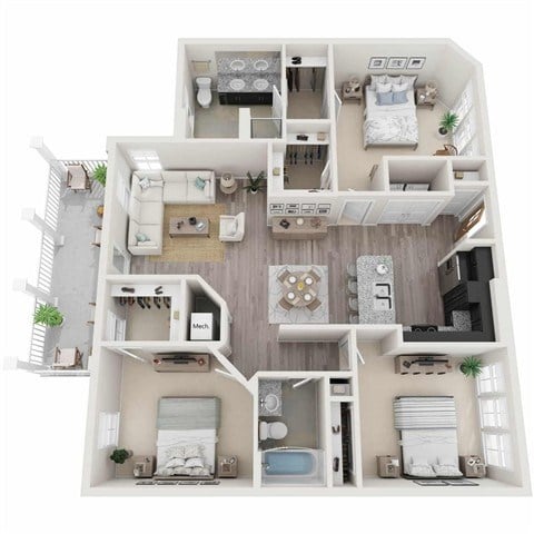 Floor plan for 3 beds, 2 baths, 1350 sqft