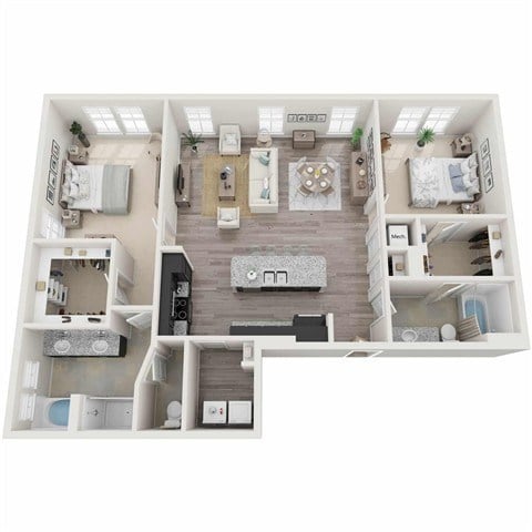 Floor plan for 2 beds, 2 baths, 1382 sqft