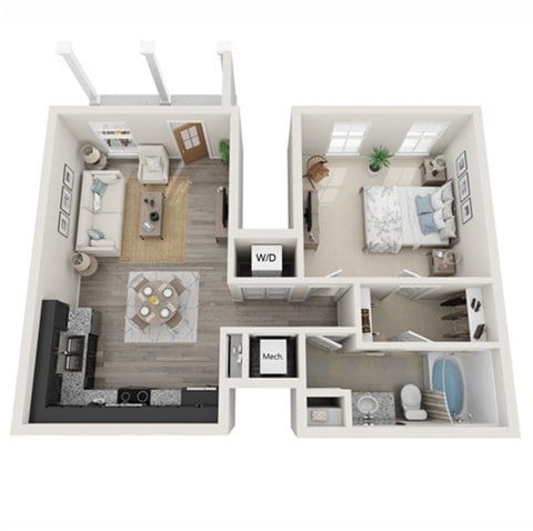 Floor plan for 1 bed, 1 bath, 704 sqft