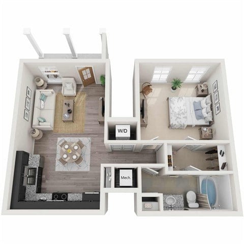 Floor plan for 1 bed, 1 bath, 690 sqft