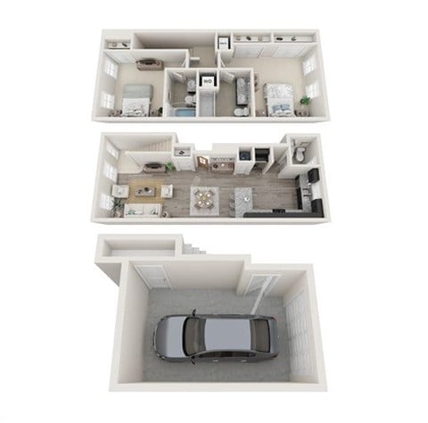 Floor plan for 2 beds, 3 baths, 1219 sqft