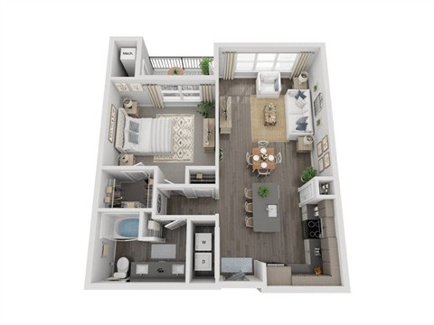 Floor plan for 1 bed, 1 bath, 884 sqft