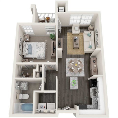 Floor plan for 1 bed, 1 bath, 747 sqft