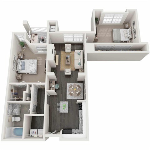 Floor plan for 2 beds, 1 bath, 1008 sqft