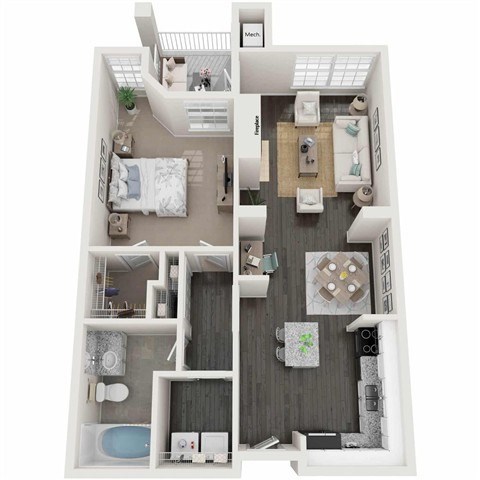 Floor plan for 1 bed, 1 bath, 770 sqft