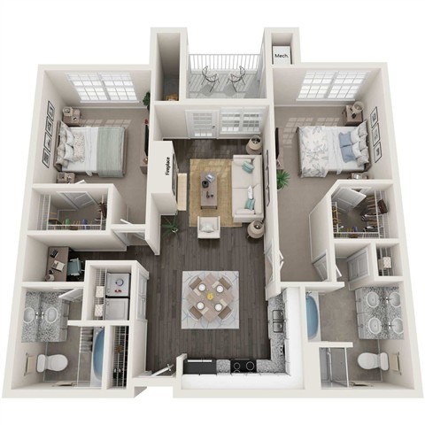 Floor plan for 2 beds, 2 baths, 1114 sqft