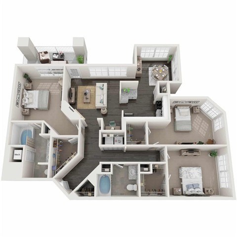 Floor plan for 3 beds, 2 baths, 1417 sqft