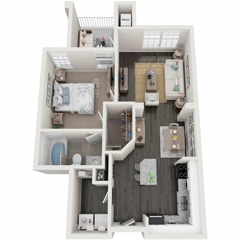 Floor plan for 1 bed, 1 bath, 677 sqft