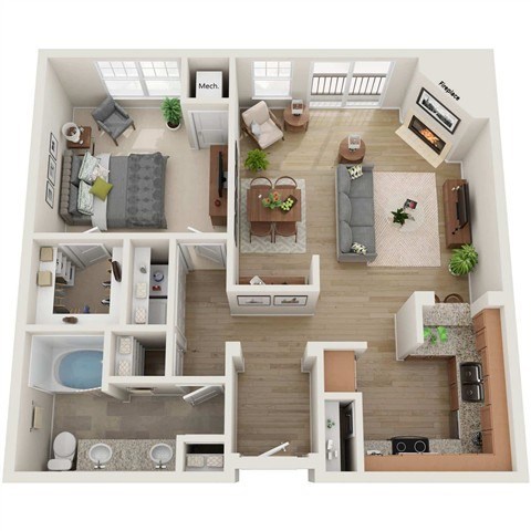 Floor plan for 1 bed, 1 bath, 915 sqft