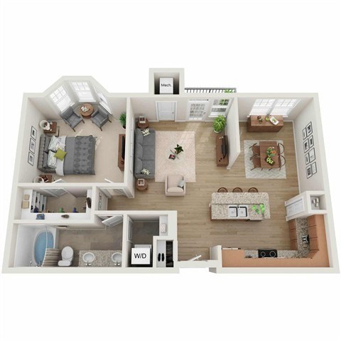 Floor plan for 1 bed, 1 bath, 907 sqft