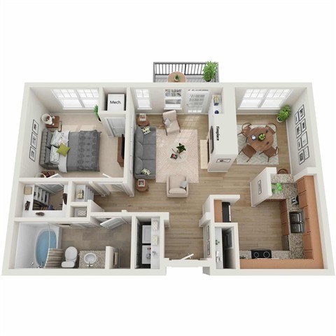 Floor plan for 1 bed, 1 bath, 827 sqft