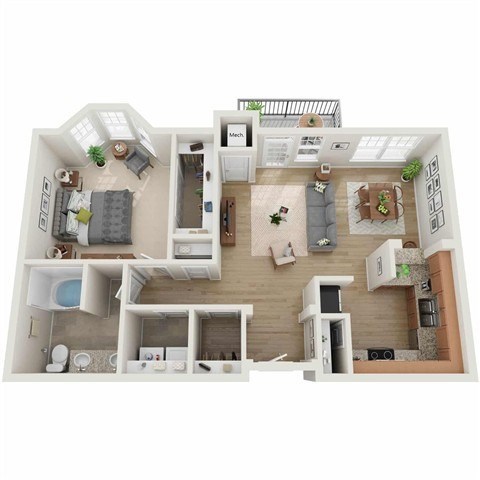 Floor plan for 1 bed, 1 bath, 930 sqft