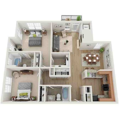 Floor plan for 2 beds, 2 baths, 1199 sqft