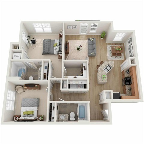 Floor plan for 2 beds, 2 baths, 1177 sqft